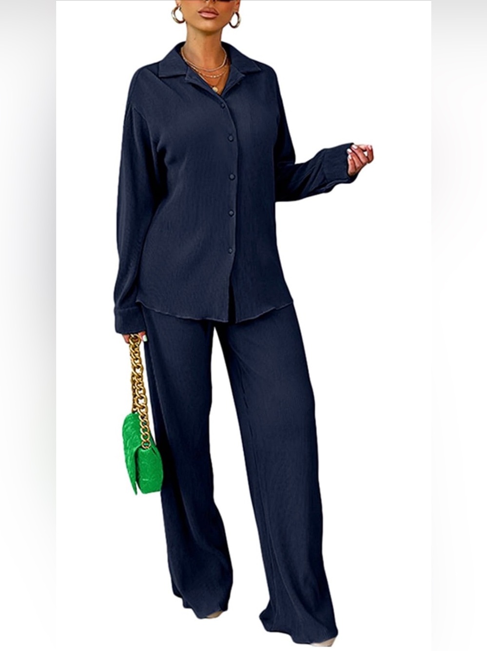 Navy Blue Shiny Pleated Satin Button Down Shirt & Wide Leg Pants Set
